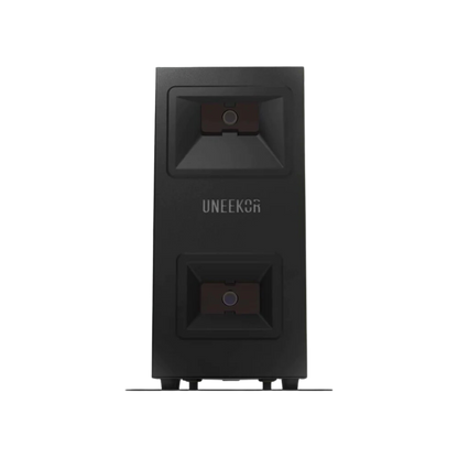 ortable Uneekor Mini Lite launch monitor set up on a tabletop, tracking golf ball trajectory for precise performance feedback