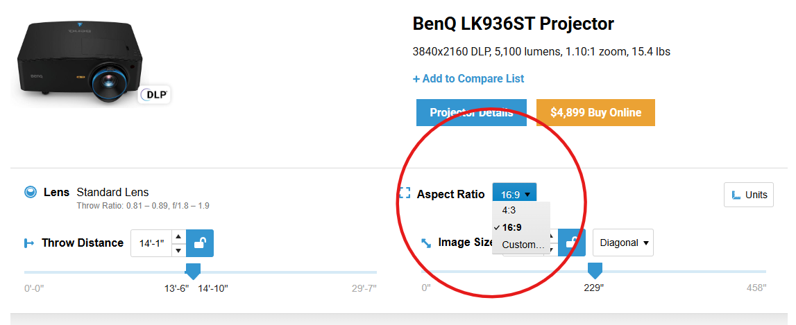 Projector Central calculator showing BenQ LK936ST throw distance of 14'-1 with the Custom aspect ratio option highlighted