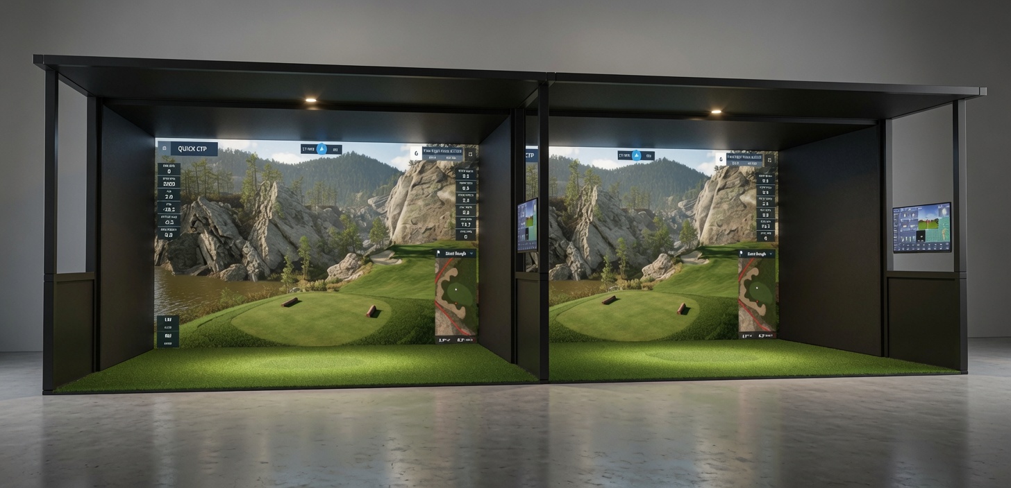 Finished Launch House Rapid Bay — dual simulator enclosure with course displayed on screen